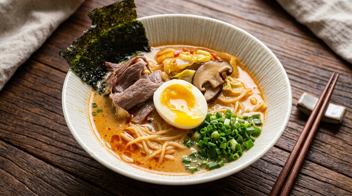 Domowy kremowy miso ramen z wołowiną