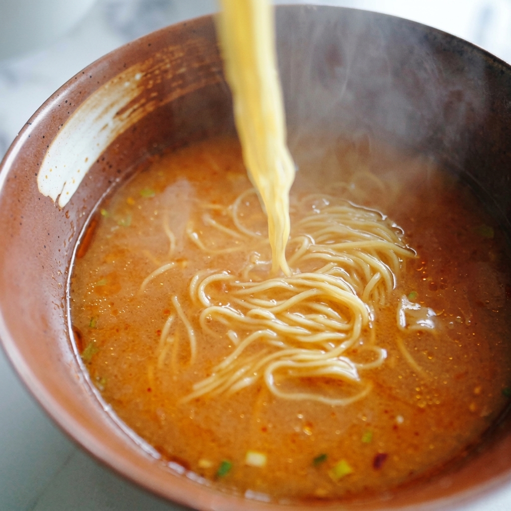 Żółty makaron ramen podnoszony pałeczkami i przekładany do miski z pomarańczowym bulionem miso.