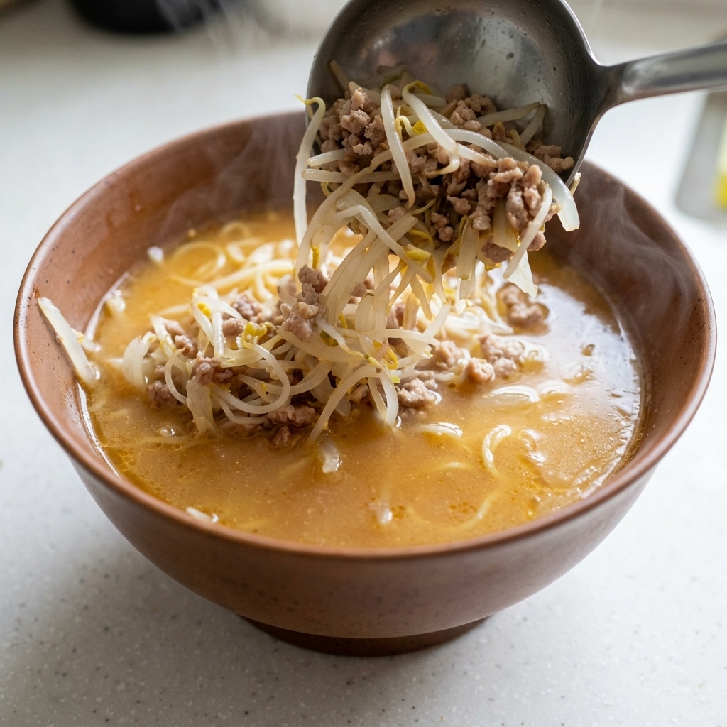 Metalowa chochla nakładająca mieszankę smażonej mielonej wieprzowiny i kiełków fasoli na miskę z miso ramen.