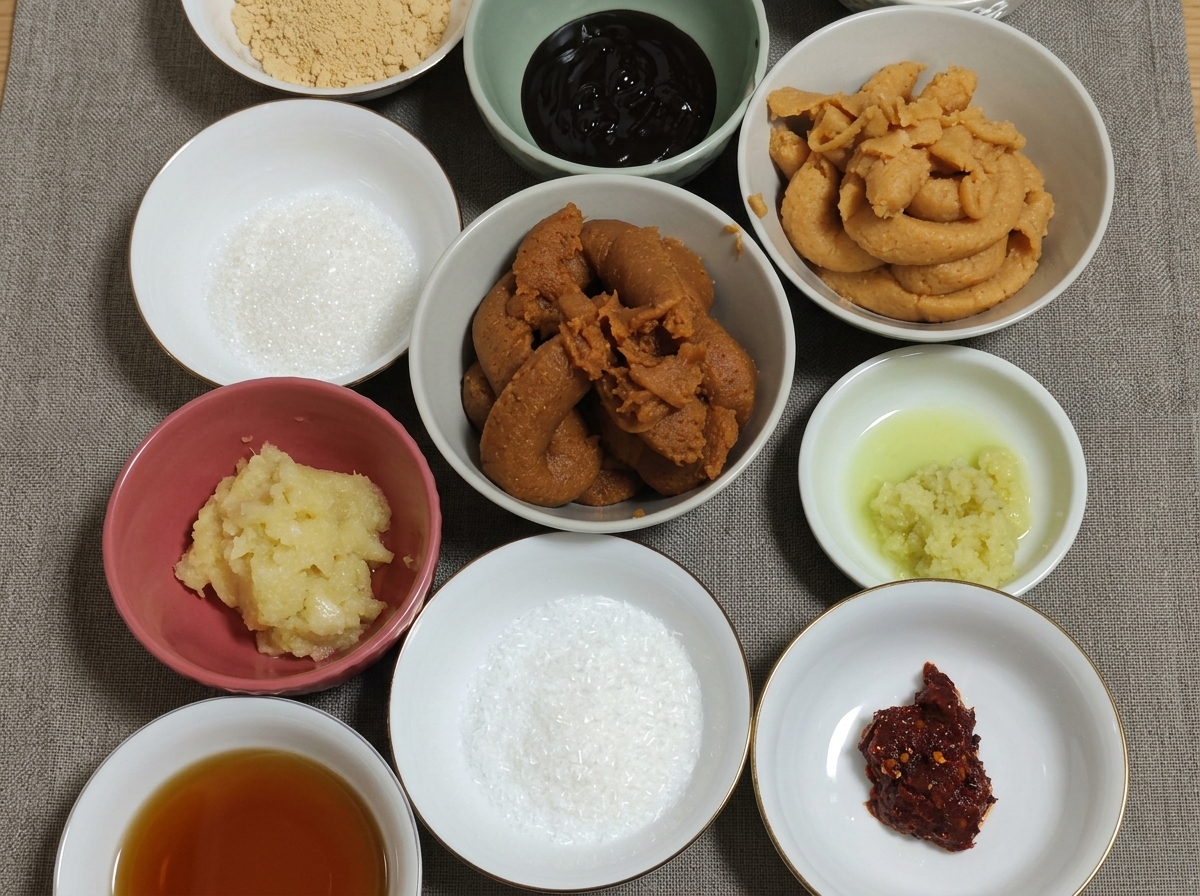 Widok z góry na małe ceramiczne miseczki ustawione na szarym materiale, zawierające różne kolory pasty miso, cukier, mąkę sojową, mielony czosnek i płatki chili.