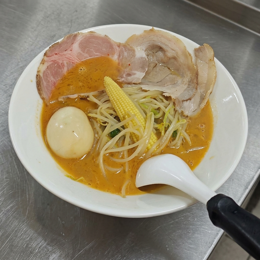 Gotowa miska ramen miso z kiełkami fasoli, mini kukurydzą, plastrami wieprzowiny chashu, ugotowanym na wpół twardo jajkiem i kostką żółtego masła na wierzchu.