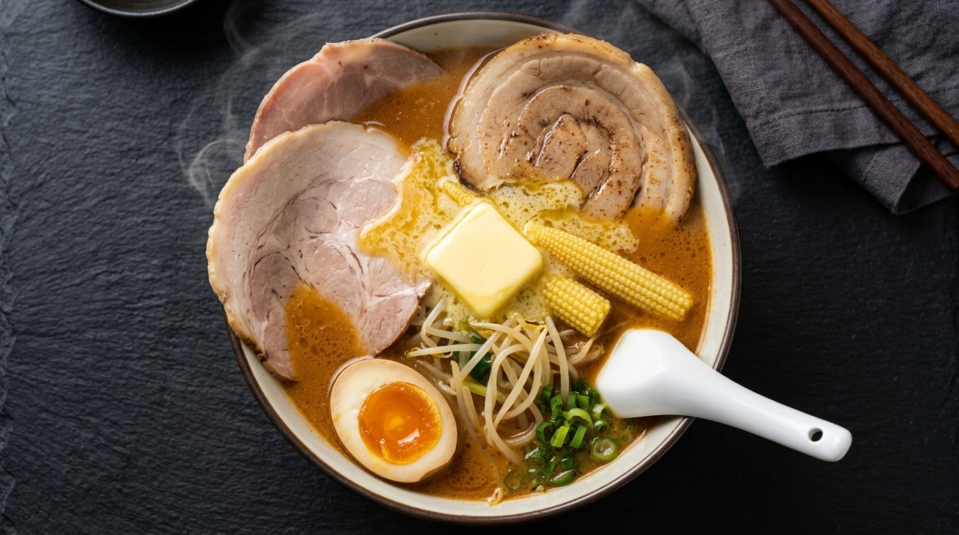 Parująca miska ramen z czerwonym miso, podawana z topniejącym masłem, wieprzowiną chashu i mini kukurydzą.