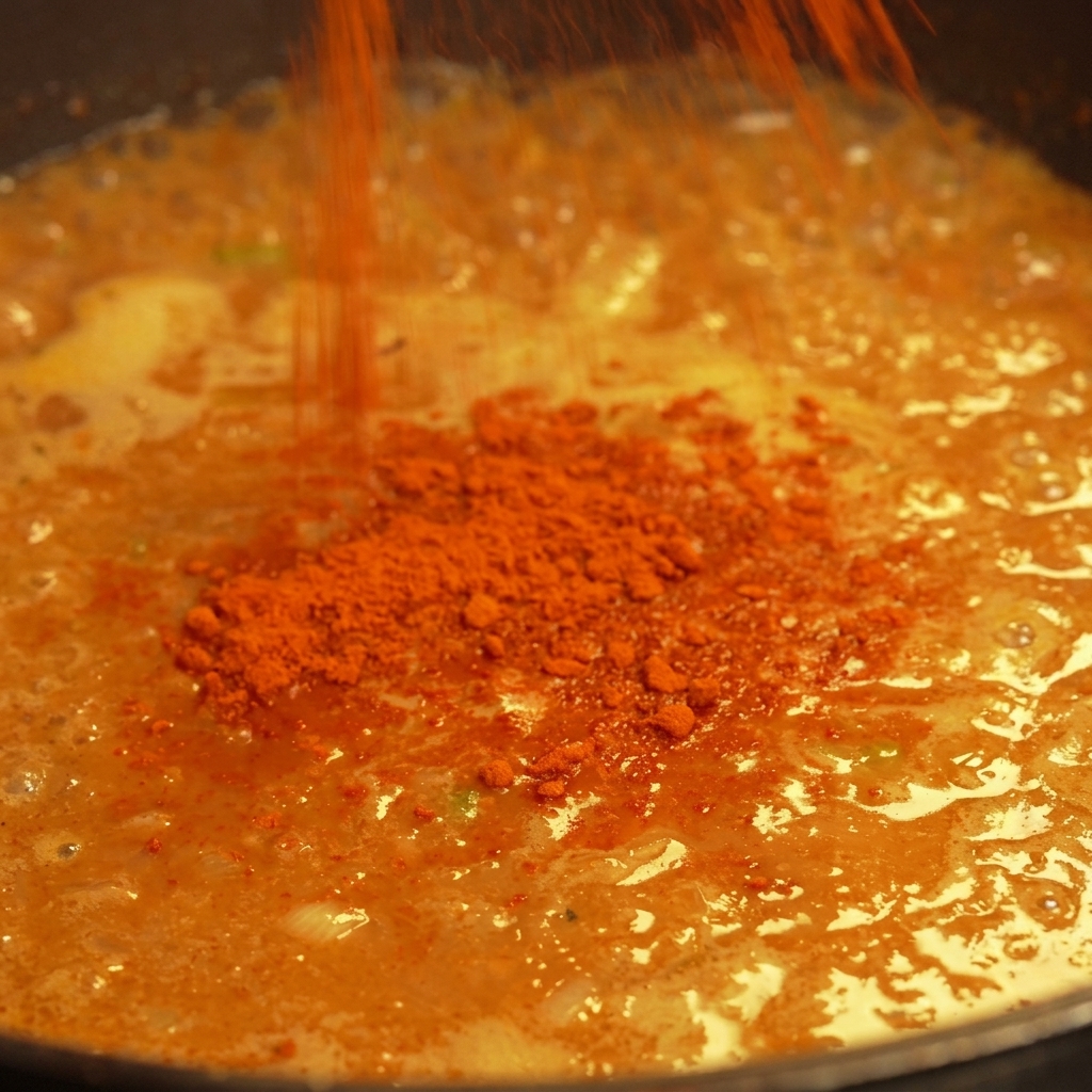 Drobne czerwone chili w proszku sypiące się z góry do bulgoczącego, kremowo-pomarańczowego sosu na czarnej patelni.