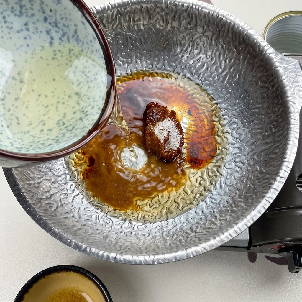 Klarowny bulion dashi wlewany z niebieskiej ceramicznej miski we wzory do garnka z mieszanką ciemnego miso i cukru.
