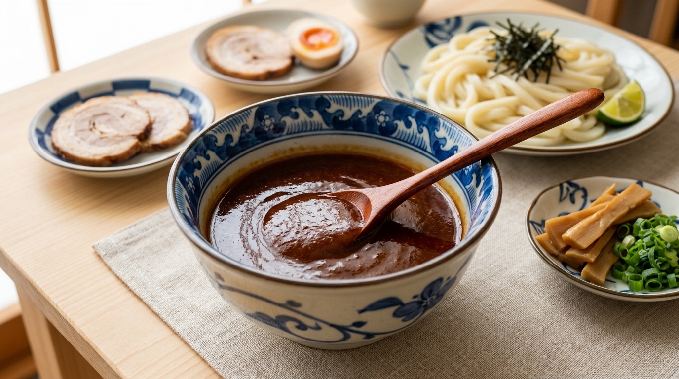 Miseczka ciemnego, błyszczącego sosu miso podanego obok zimnego makaronu udon i tradycyjnych dodatków do ramenu.