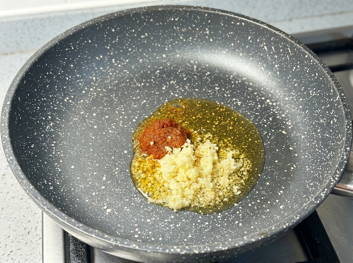 Posiekany czosnek i czerwona pasta krewetkowa skwierczące na gorącym oleju.