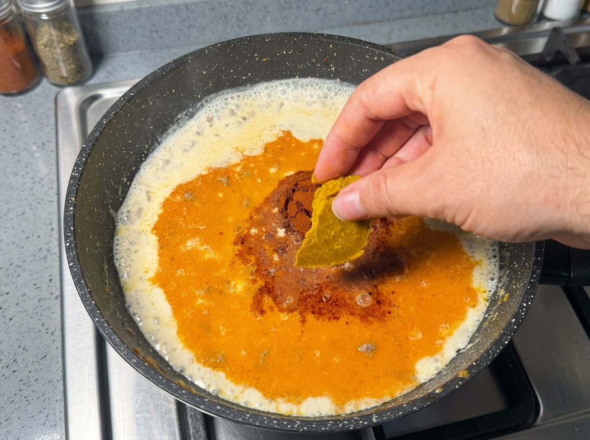 Ręka krusząca kostkę japońskiego curry nad patelnią z mlecznym bulionem.
