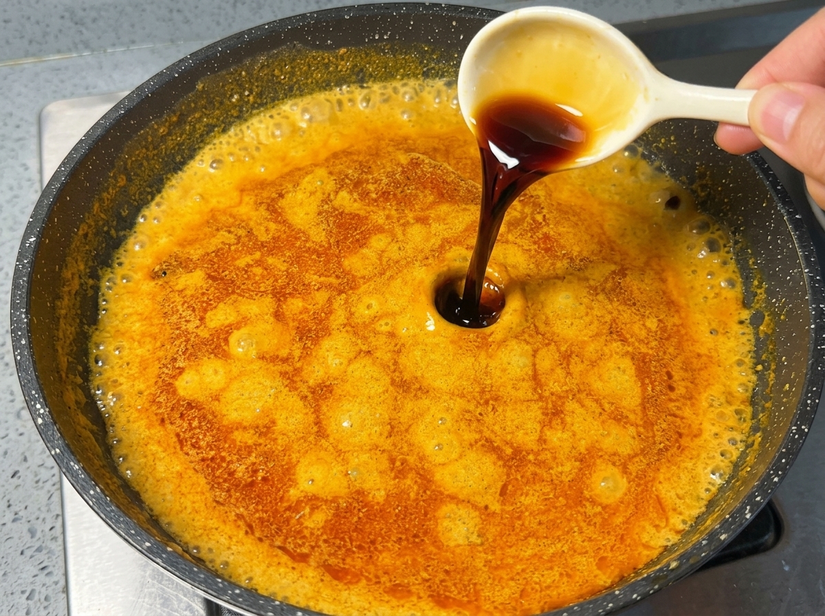 Ciemny sos sojowy wlewany z małej łyżeczki do pomarańczowego, gotującego się sosu curry.