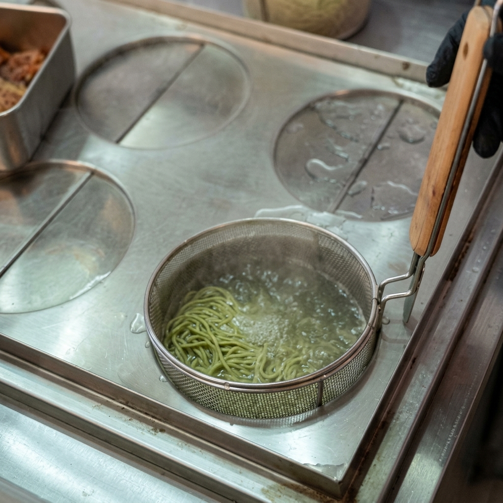 Siatkowy koszyk do makaronu trzymający żółte kluski ramen zanurzone w mocno bulgoczącej, gorącej wodzie.