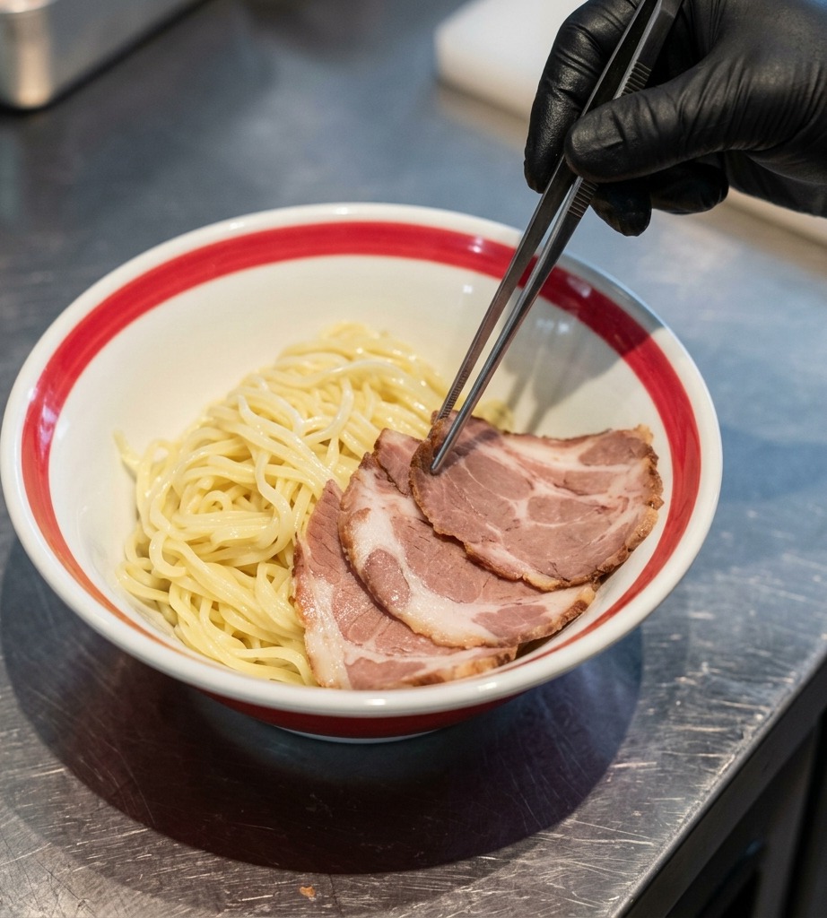 Pęseta układająca cienkie, marmurkowe plastry pieczonego boczku na porcji grubego, jasnego makaronu ramen w misce z czerwoną obwódką.