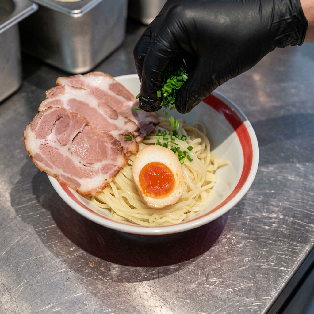 Szef kuchni w czarnych rękawiczkach posypuje jaskrawozielonym szczypiorkiem miskę zawierającą makaron, boczek Chashu i jajko.