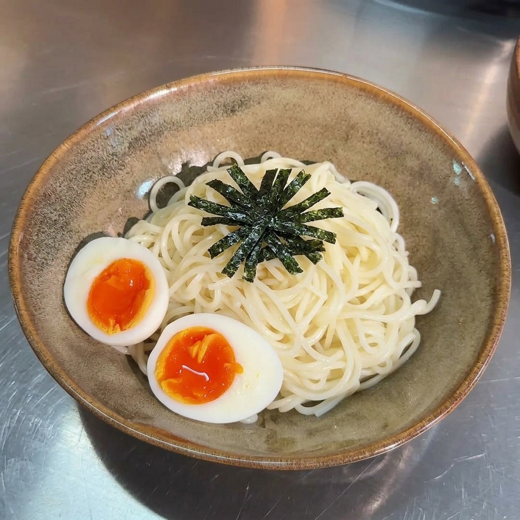 Brązowa ceramiczna miska z białym makaronem ramen, udekorowana dwoma połówkami jajka na miękko i ułożonymi w gwiazdę paskami wodorostów nori.