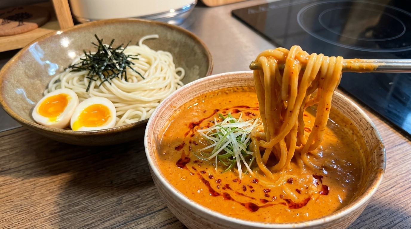 Schłodzony makaron ramen podany z bogatym, pomarańczowo-czerwonym sosem maczanym na bazie miso i mleka sojowego oraz idealnym jajkiem na miękko.
