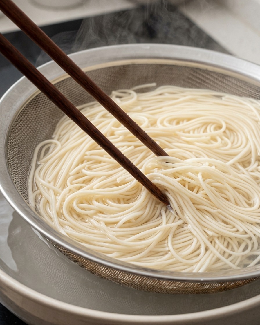 Siatkowe sitko pełne ugotowanego, parującego makaronu ramen podnoszone z garnka za pomocą drewnianych pałeczek.