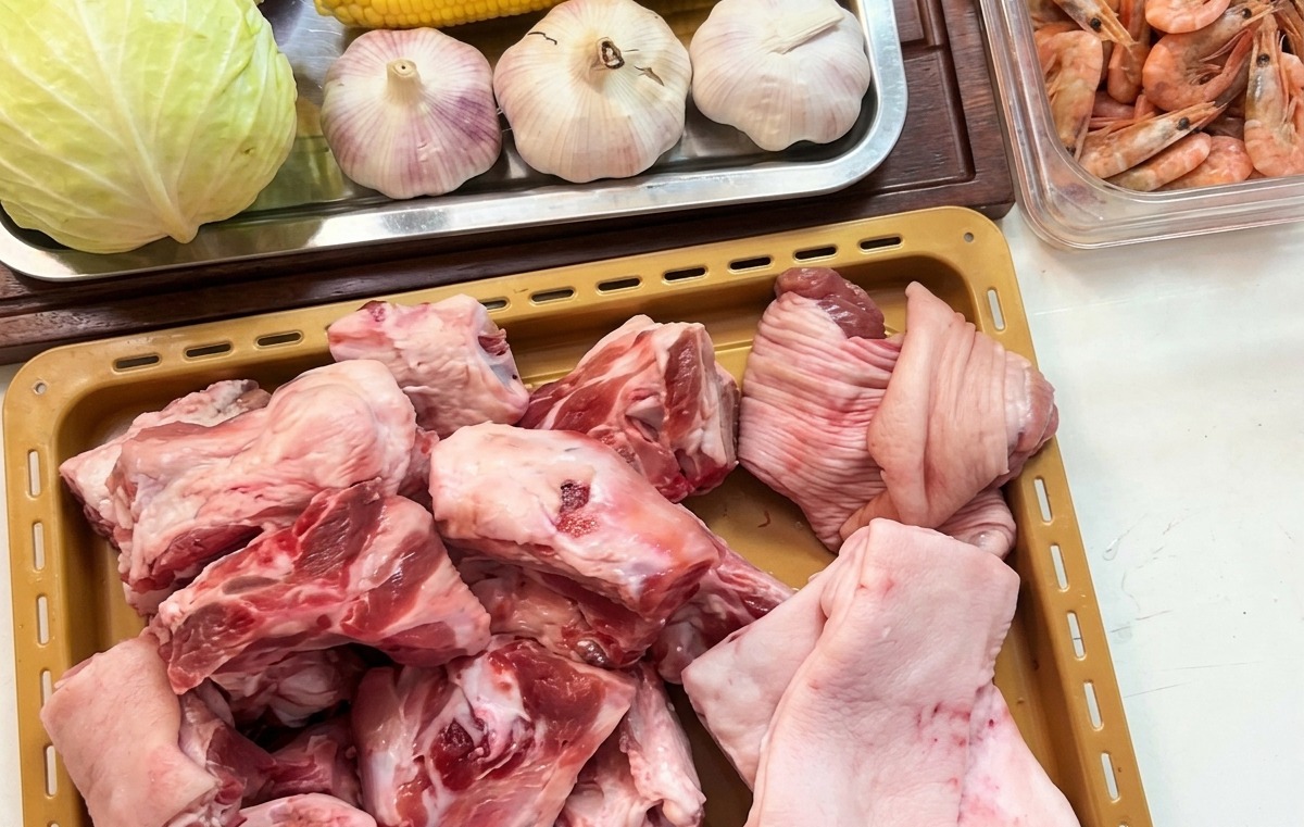 Różnorodne surowe składniki, w tym kości wieprzowe na tacy, pojemnik z różowymi krewetkami, kolba kukurydzy i główki czosnku ułożone na blacie kuchennym.