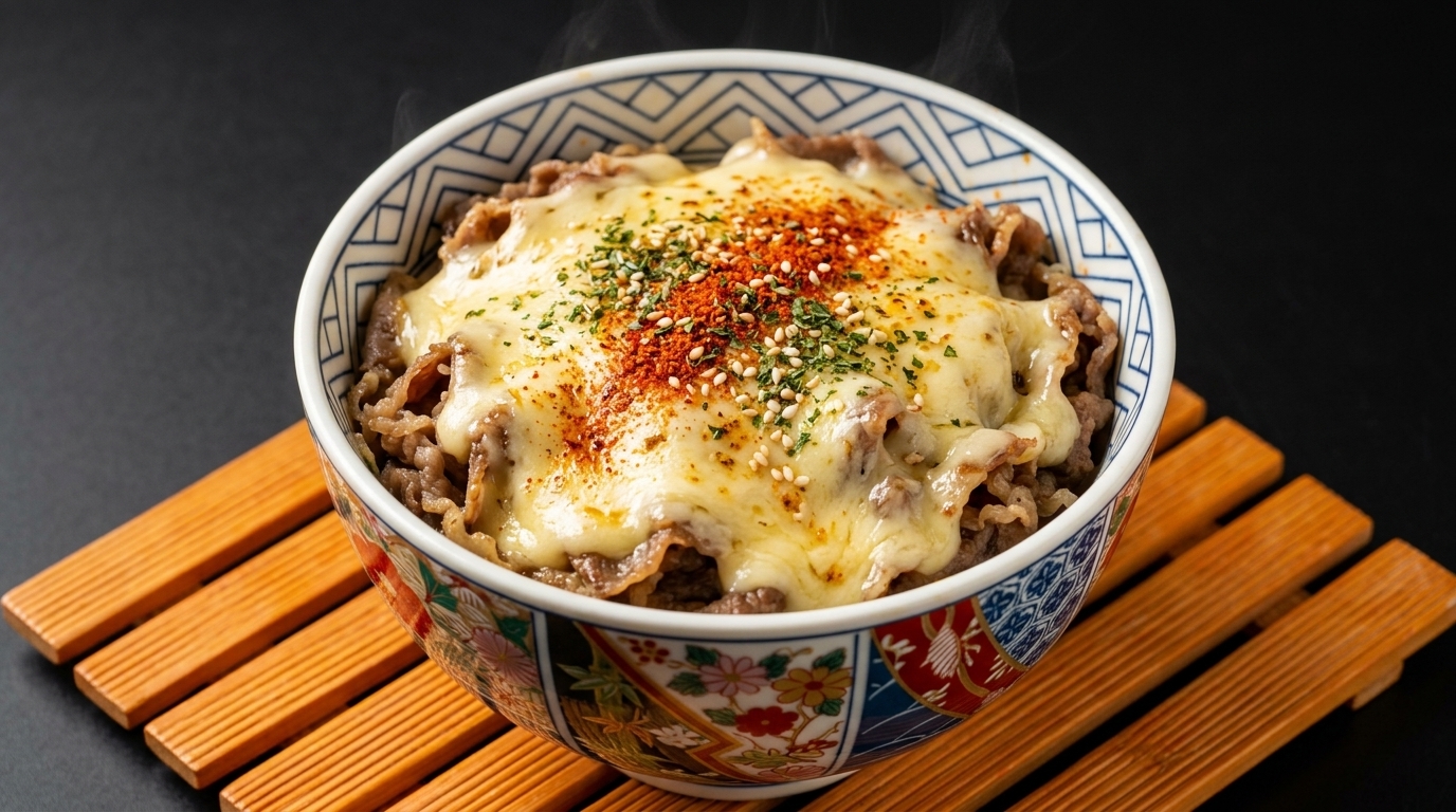 Japońskie donburi z wołowiną i serem (Chizu Gyudon)