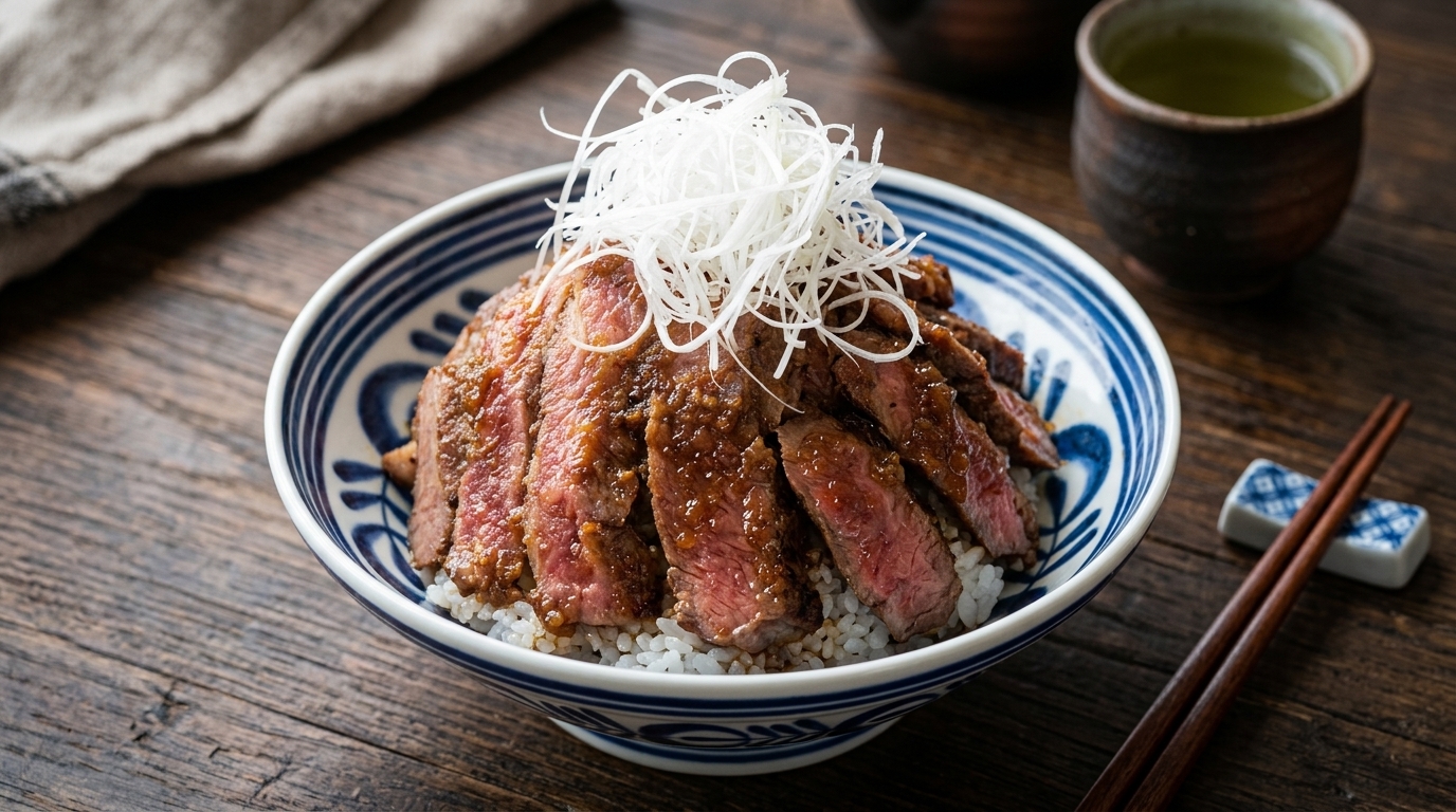 Premium Steak Donburi z aromatycznym sosem cebulowym (Yakiniku Don)