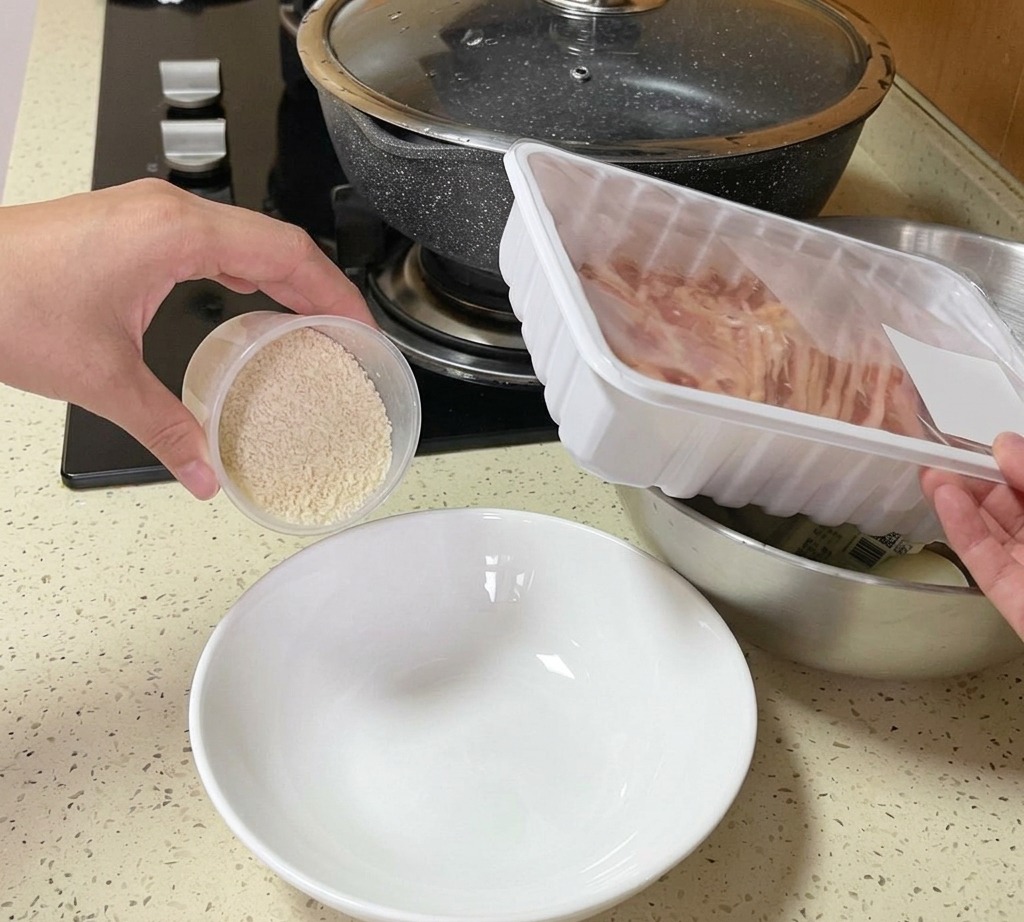 Dłoń wlewająca czystą wodę z plastikowej miarki do białej miski z surowym białym ryżem.