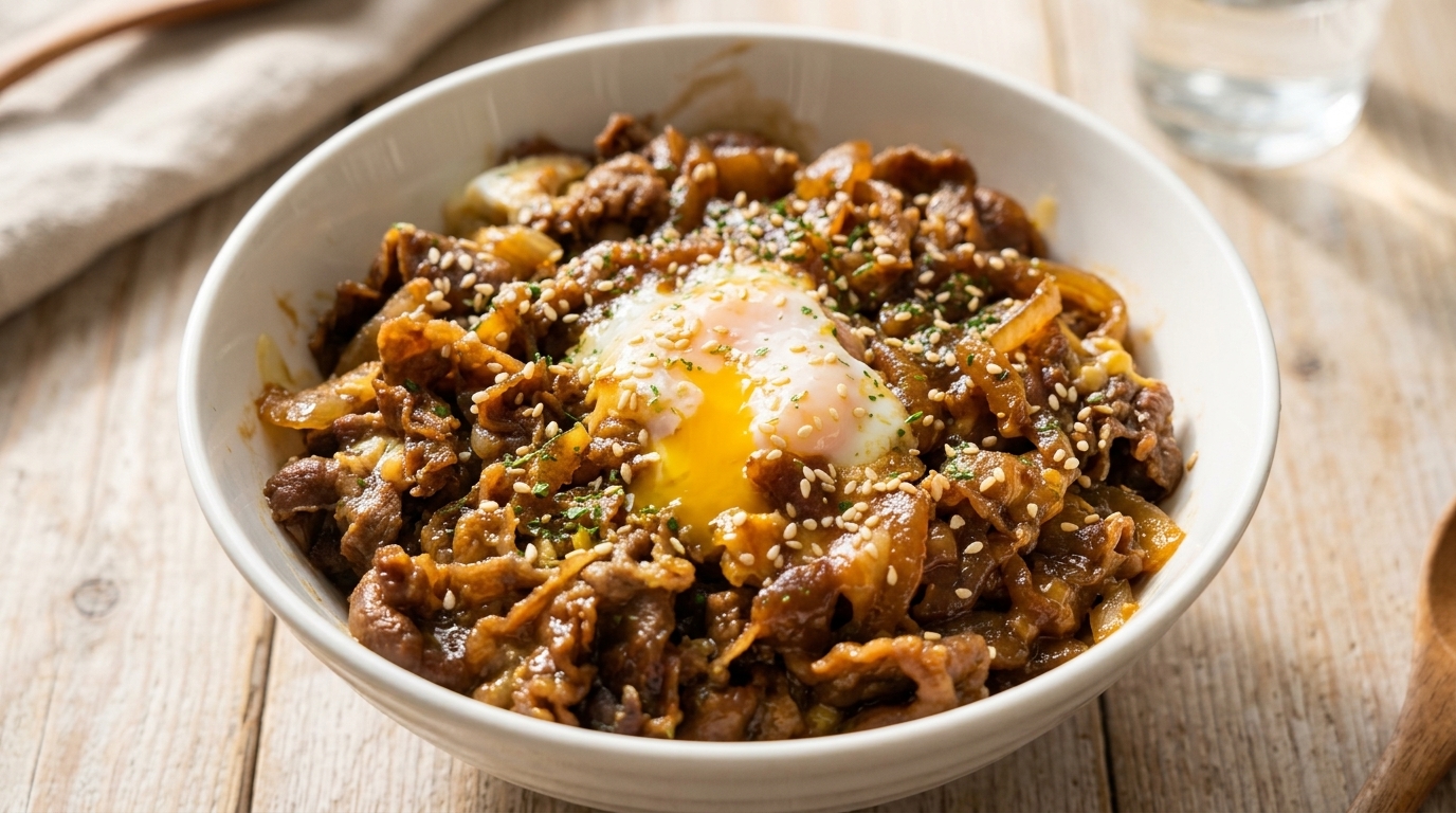 Japońskie donburi z wołowiną i serem z mikrofalówki (Gyudon)