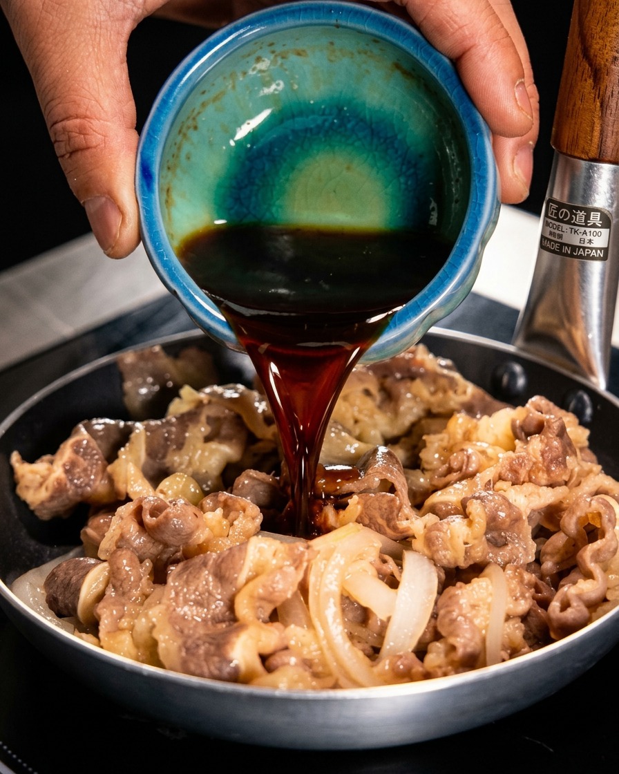 Ciemnobrązowy sos BBQ yakiniku wlewany z małej ceramicznej miseczki na wołowinę i cebulę na patelni.