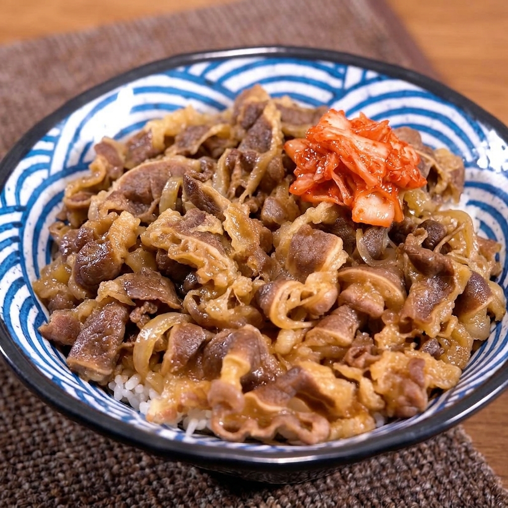 Porcja jaskrawoczerwonego kimchi układana pałeczkami na wierzchu miski z wołowiną i ryżem.