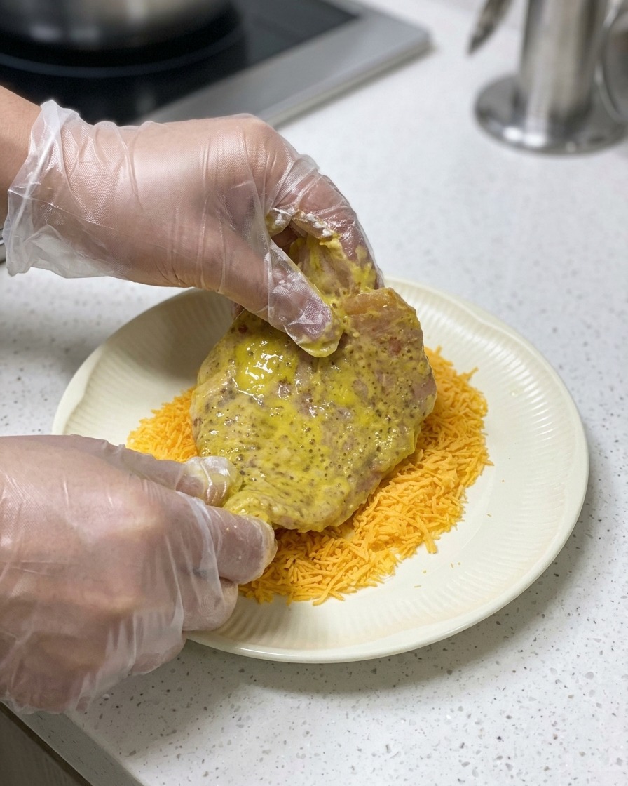 Dłonie w plastikowych rękawiczkach dociskające pokryty jajkiem kotlet do talerza pełnego panierki panko.