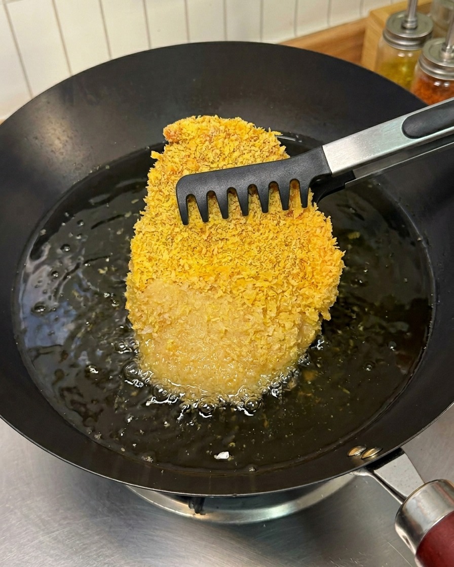 Panierowany kotlet wieprzowy wkładany za pomocą szczypiec kuchennych do woka z bulgoczącym gorącym olejem.
