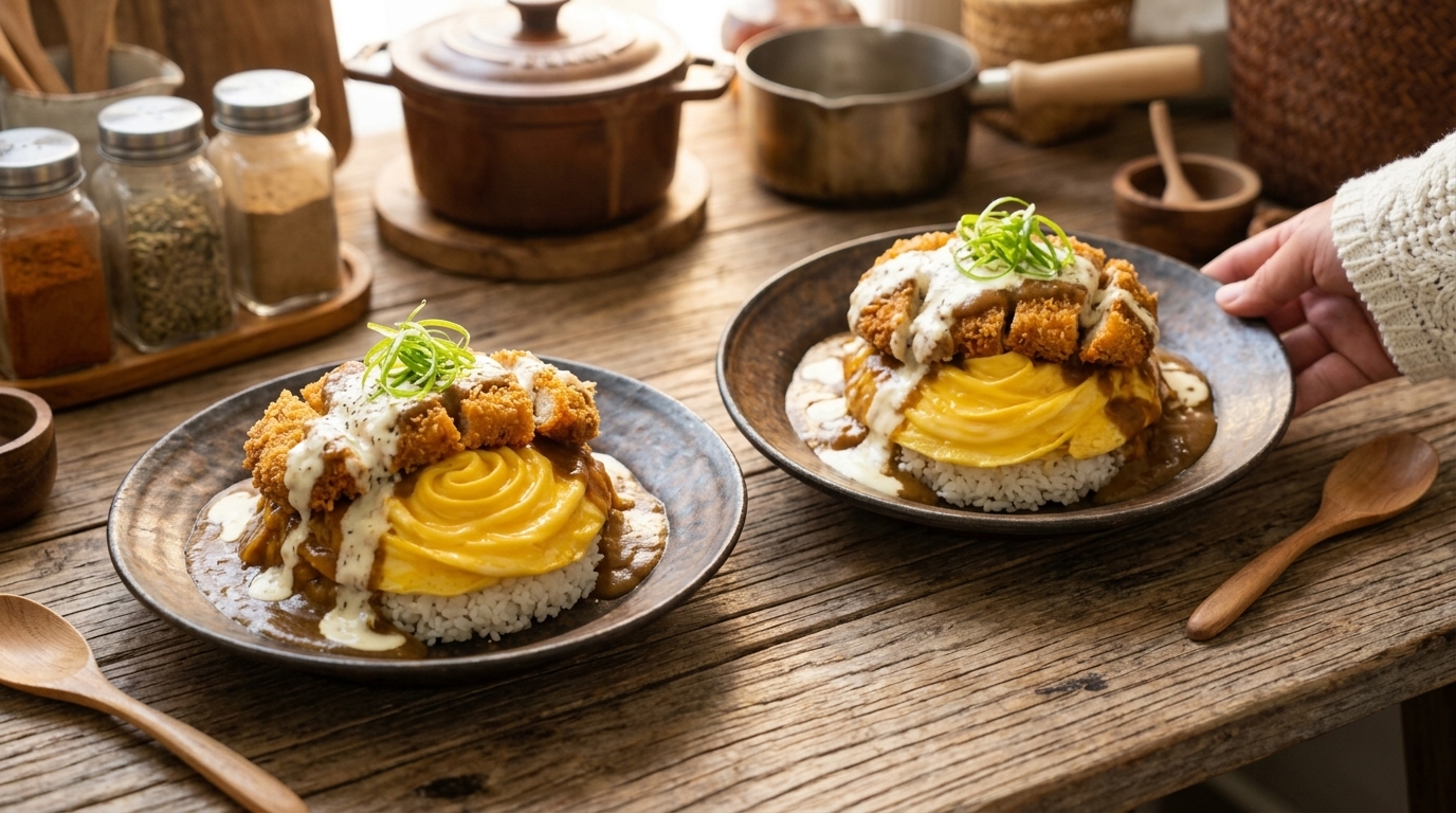 Wieprzowe katsu curry z omletem tornado, serowym wodospadem i bananowym latte