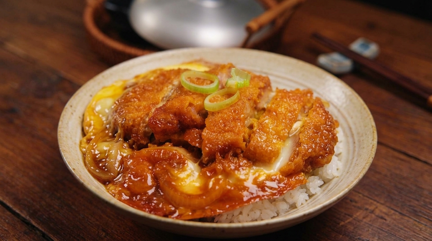 Klasyczny japoński Katsudon (miska ryżu z chrupiącą wieprzowiną)