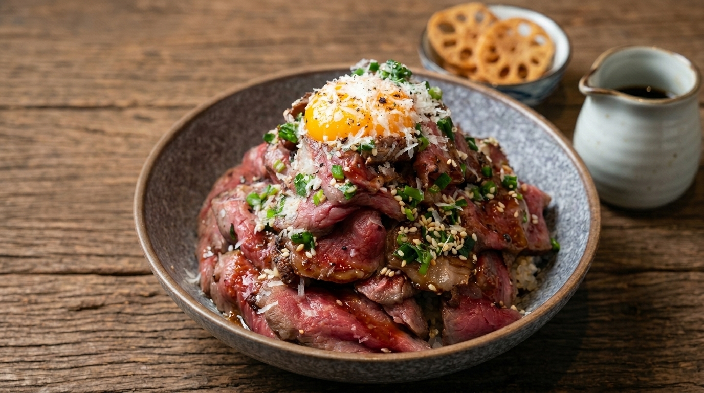 Zjawiskowa miska donburi z sezonowaną wołowiną ułożoną na ryżu, zwieńczona złocistym żółtkiem i odrobiną startego sera.
