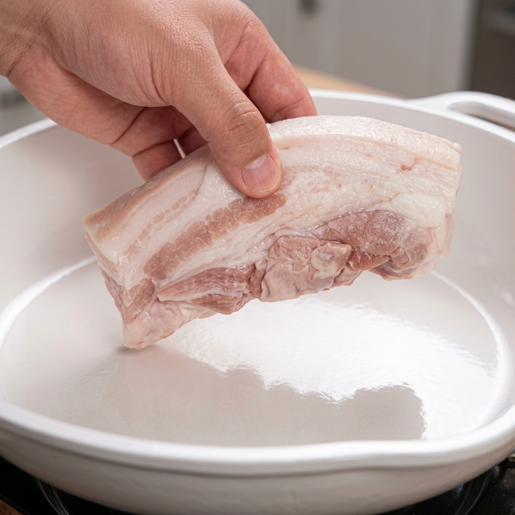 Dłoń układa gruby pasek przyprawionego boczku na czystej patelni z białą powłoką ceramiczną, bez dodatku tłuszczu.