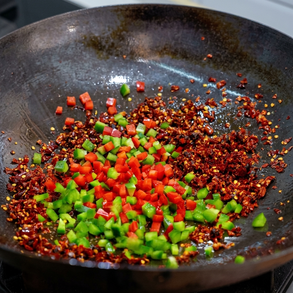 Kolorowa, pokrojona w kostkę czerwona i zielona papryka smażona z suszonym chili i czarną fasolą w ciemnym woku.