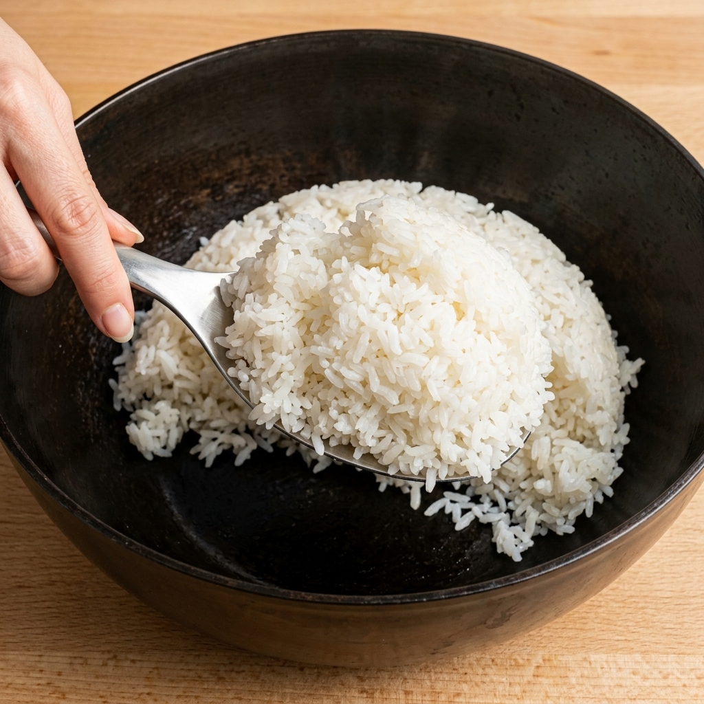 Dłoń nakładająca dużą metalową łyżką puszysty, doprawiony ryż do sushi do ciemnej, ceramicznej miski.