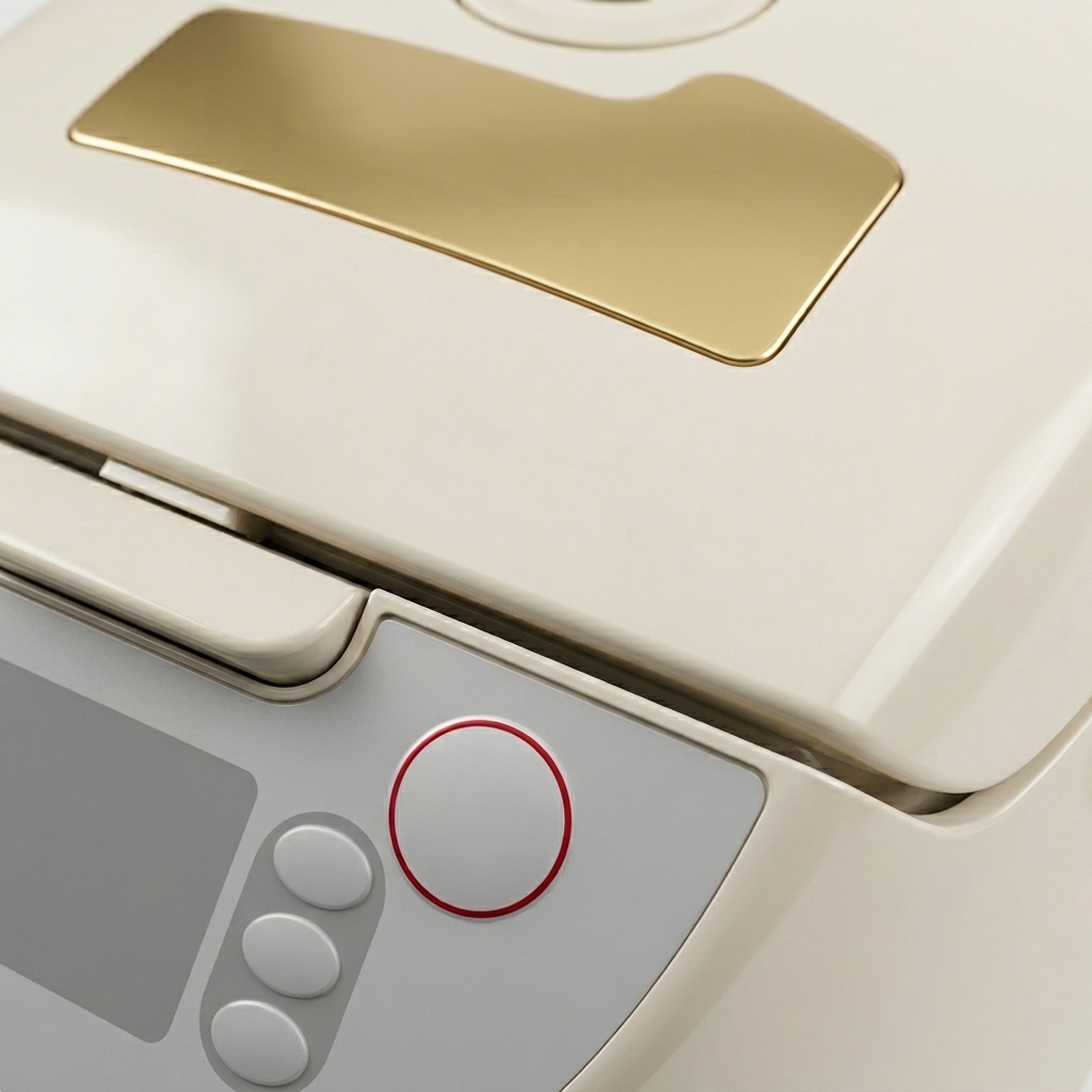 Zbliżenie na dłoń naciskającą przycisk startu w nowoczesnym, kremowo-złotym elektrycznym urządzeniu do gotowania ryżu.