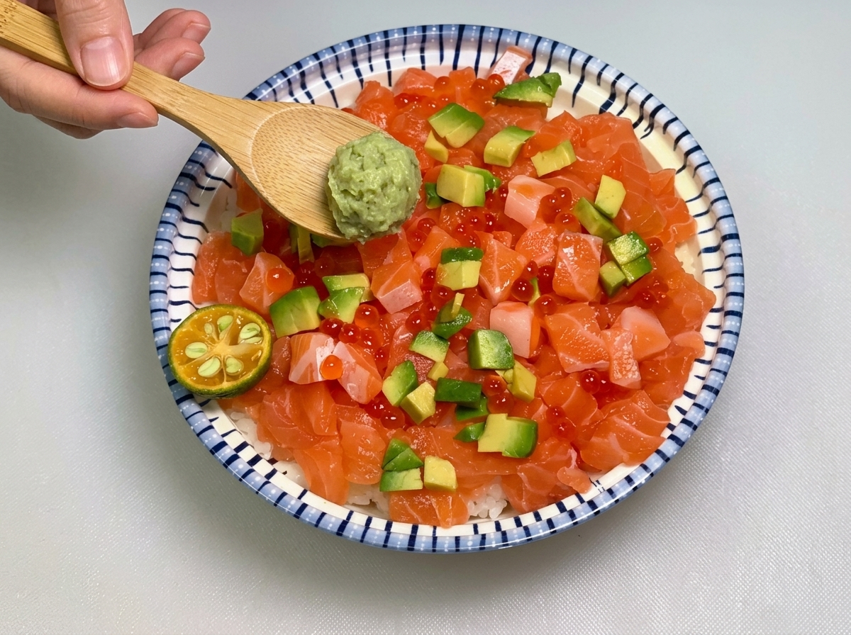 Drewniana łyżka nakładająca kuleczkę zielonego wasabi na miskę ryżu z łososiem i awokado, obok małej, przekrojonej limonki kalamansi.