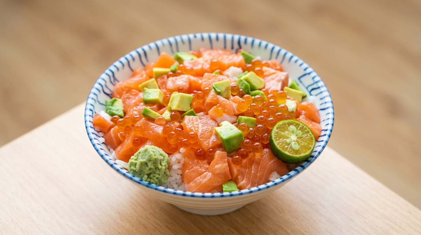 Łososiowy Oyakodon (Miska ryżu z łososiem i ikrą Ikura)
