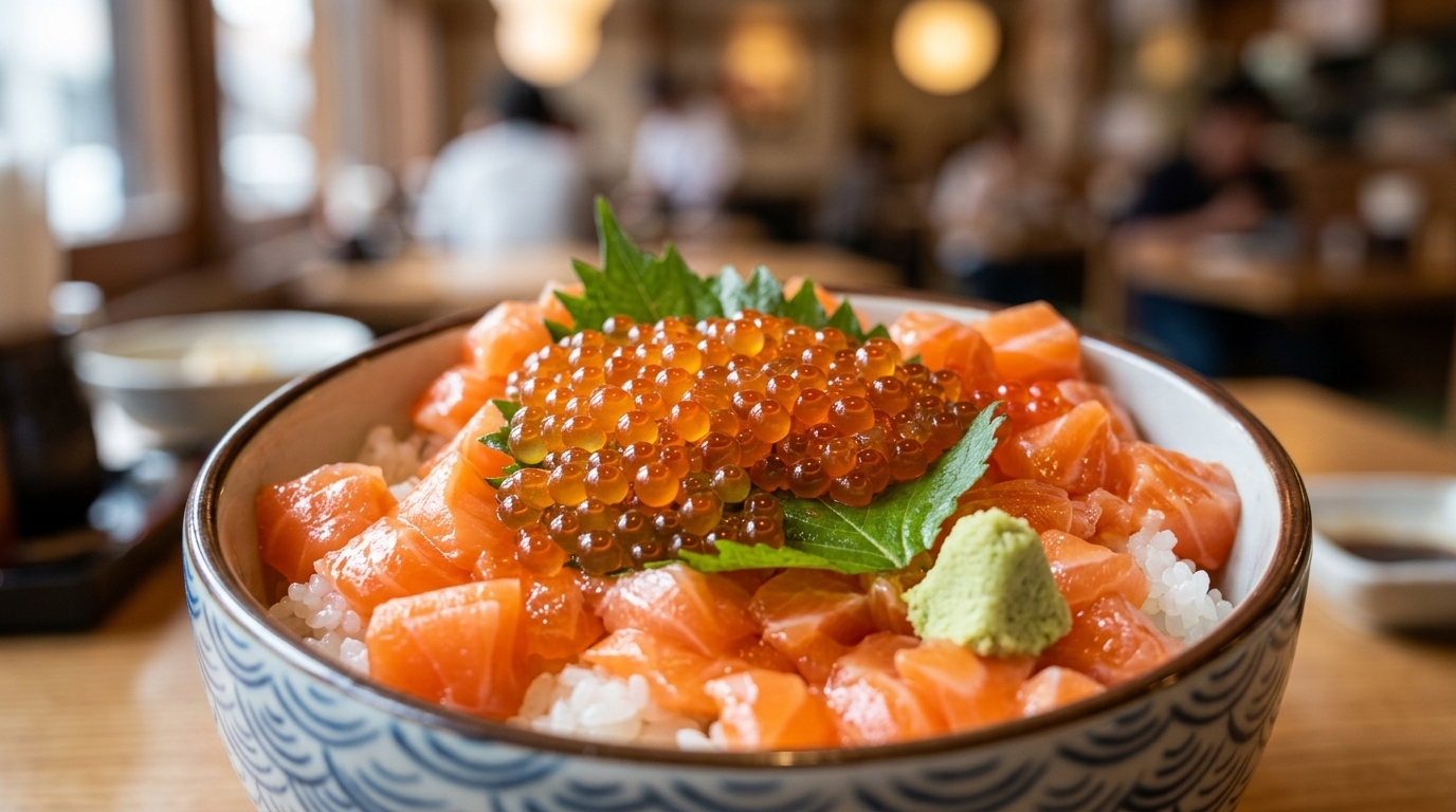 Tradycyjne Sake Oyako Don – japońska miska ryżu z sashimi z łososia i ikrą