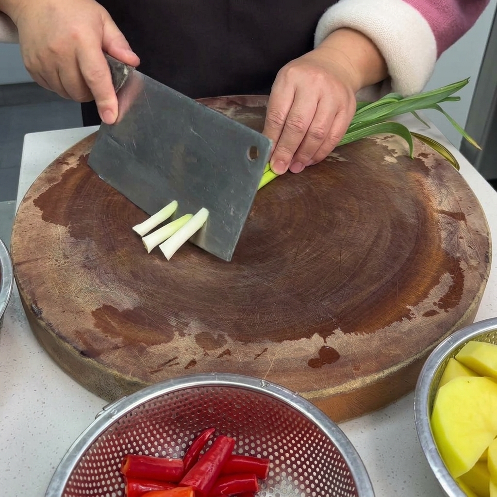 Zbliżenie na dłonie krojące nożem kuchennym zielone pędy czosnku na okrągłej desce, w miseczkach obok widać pokrojone chili i ziemniaki.