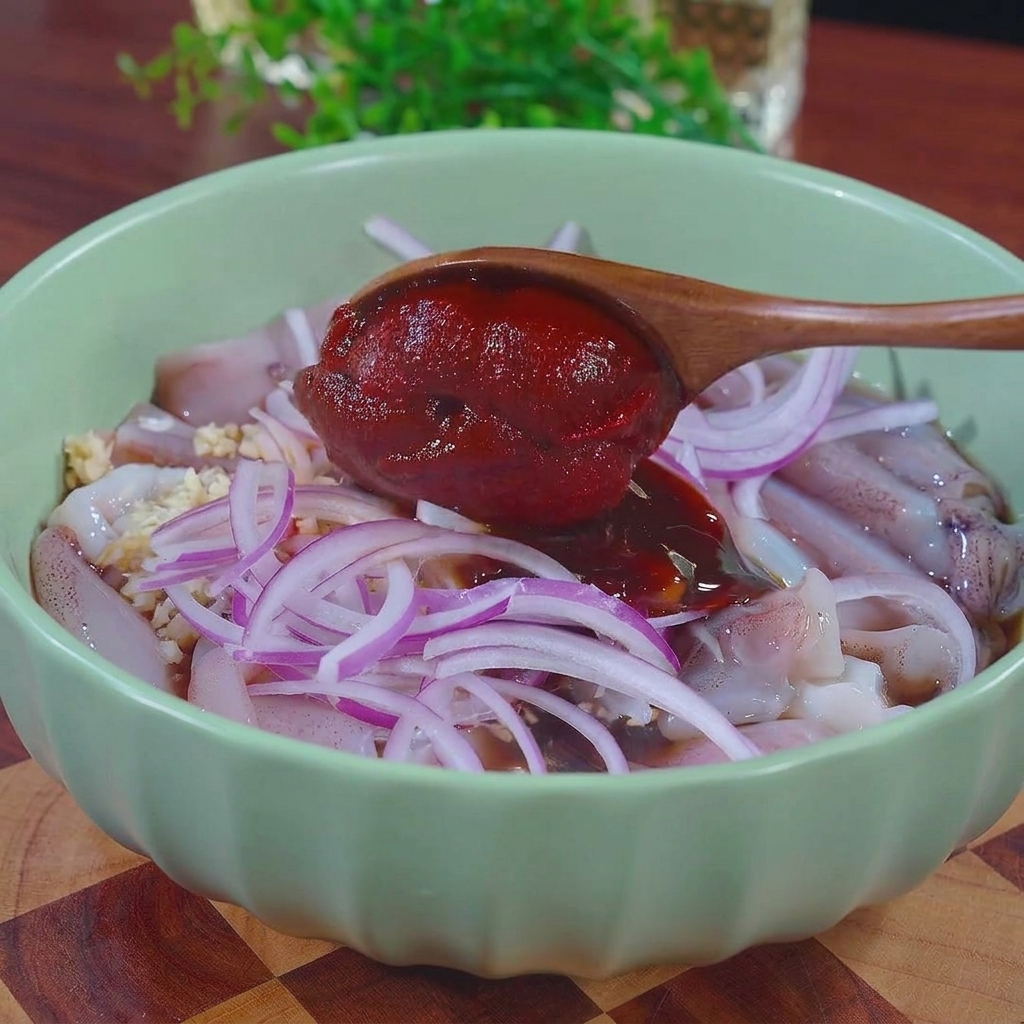 Drewniana łyżka nakładająca dużą porcję jaskrawoczerwonej pasty chili do zielonej miski z surowymi kalmarami i cebulą.