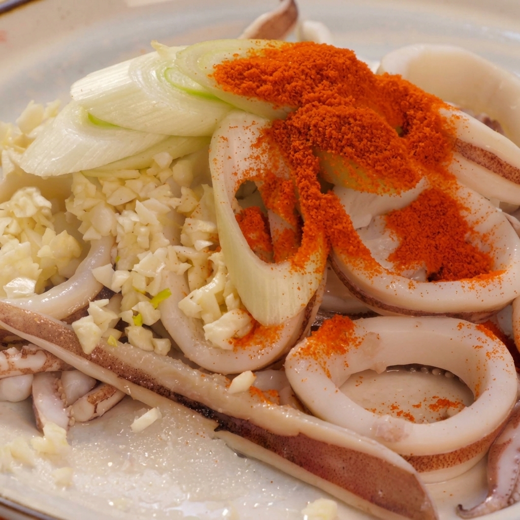 Krążki kalmarów na talerzu posypane czosnkiem, zieloną dymką oraz dużą ilością intensywnie czerwonej papryki chili w proszku.