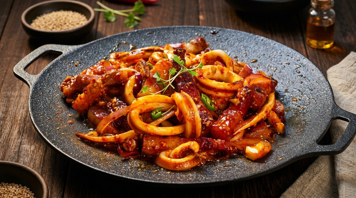 Pikantny koreański boczek z kalmarami na gorącej płycie (Osam Bulgogi)