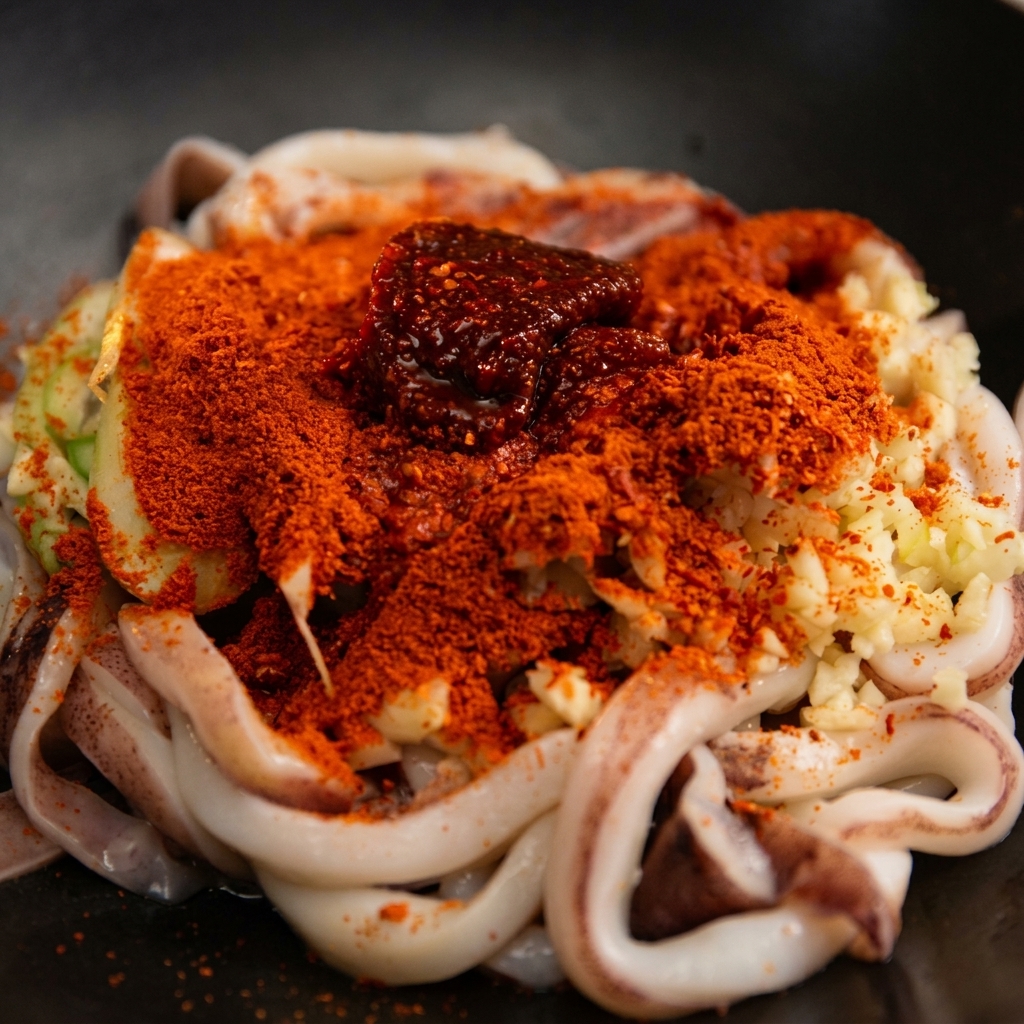 Porcja ciemnej koreańskiej pasty chili otoczona czerwoną papryką w proszku na doprawionym kalmarze.