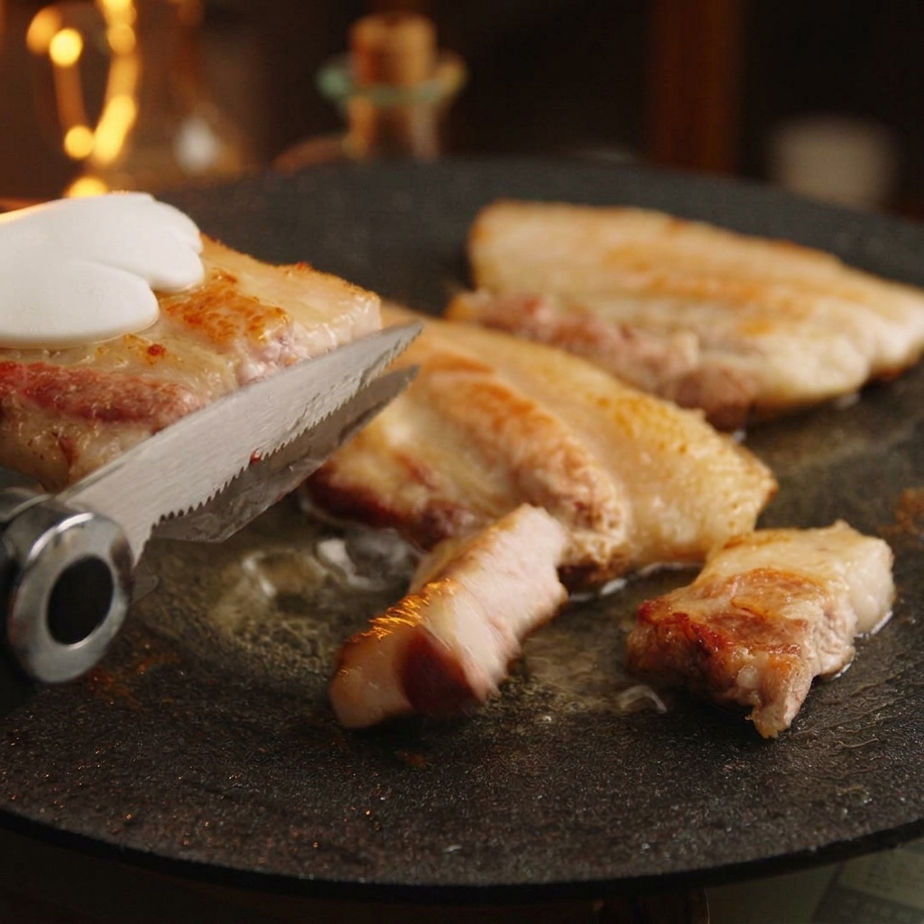 Nożyce kuchenne krojące gruby kawałek usmażonego boczku na mniejsze cząstki nad gorącą okrągłą patelnią grillową.