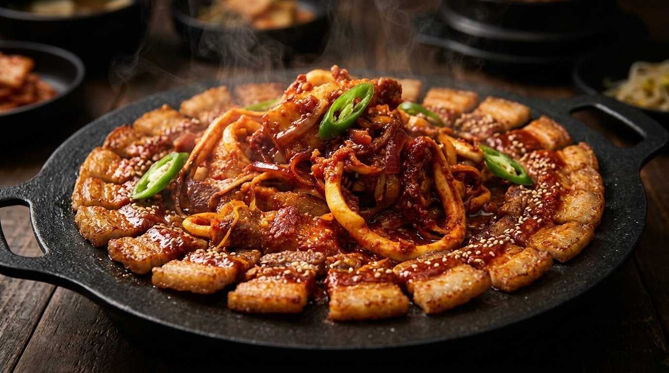 Ostre koreańskie Osam-Bulgogi – boczek i kalmary z gorącej płyty