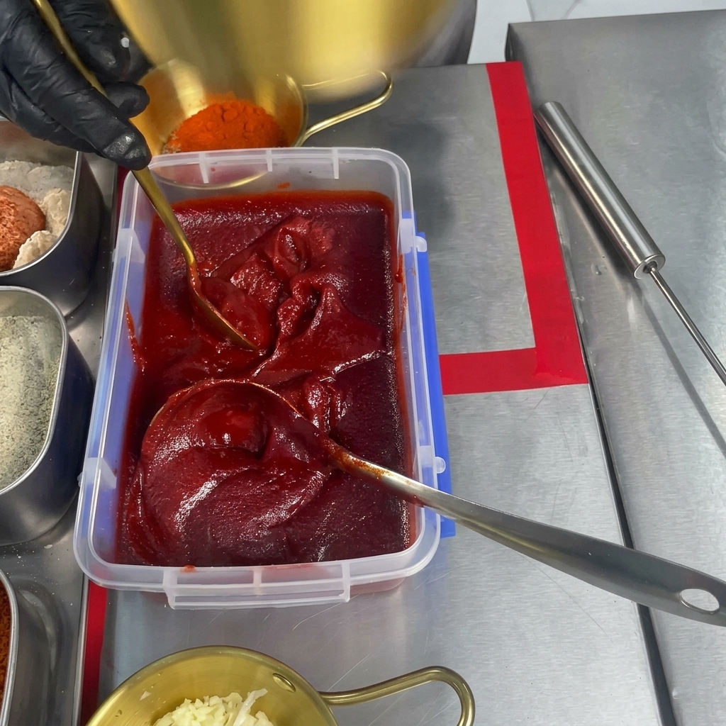 Metalowa łyżka nabiera jasnoczerwoną, gęstą pastę chili z dużego pojemnika, aby przełożyć ją do osobnej miski.