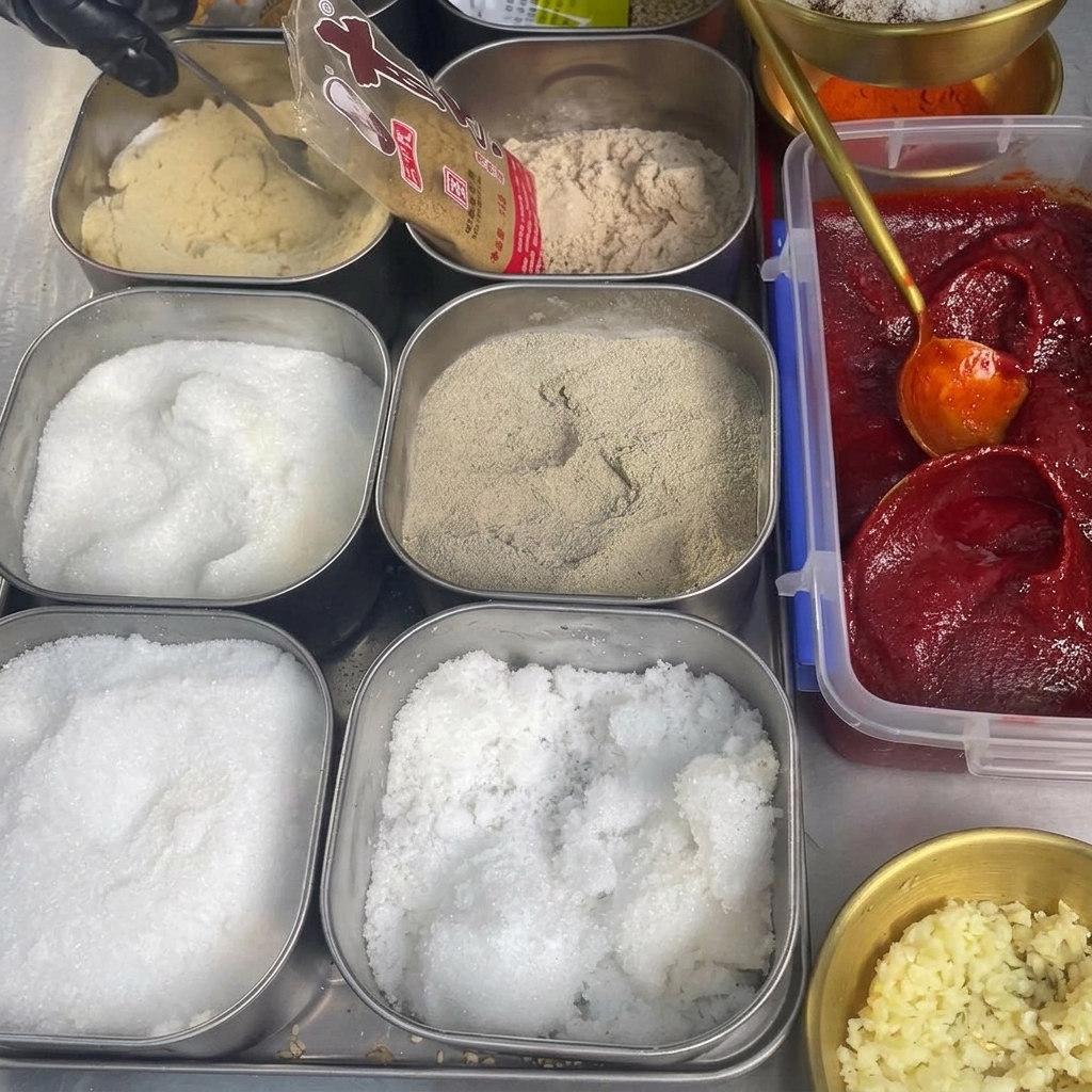 Odmierzanie różnych suchych przypraw i mielonego pieprzu do metalowej miski zawierającej pastę chili i biały cukier.