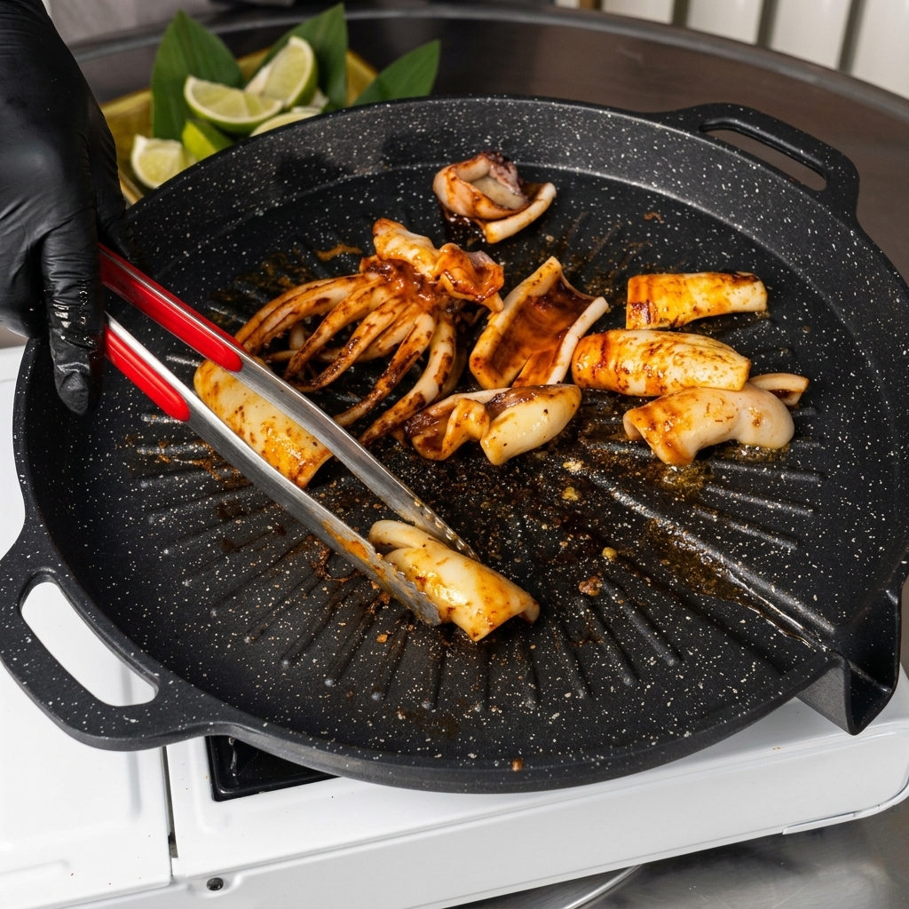 Używanie szczypiec i nożyczek do krojenia grillowanych macek i korpusu kalmara na kawałki na gorącej czarnej patelni grillowej.