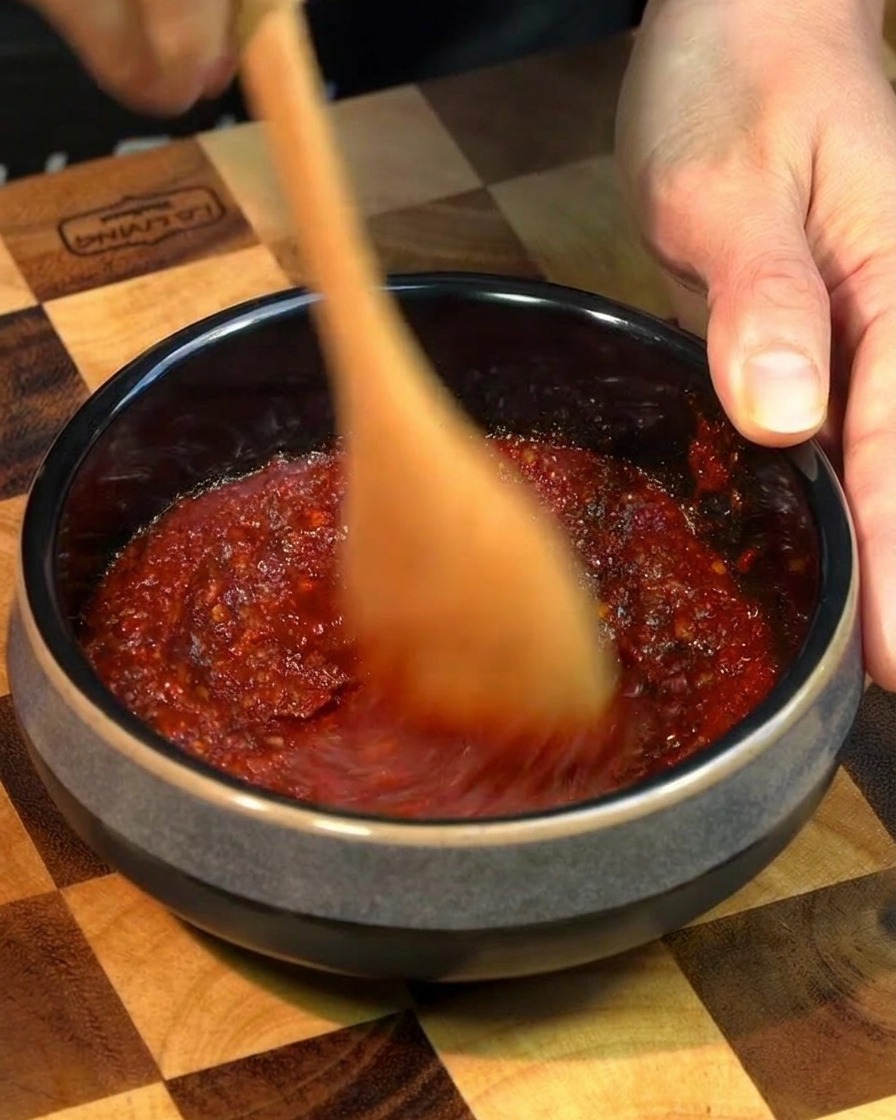 Ręka mieszająca gęstą, czerwoną pastę chili w małej, ciemnej miseczce ceramicznej za pomocą drewnianej łyżki.