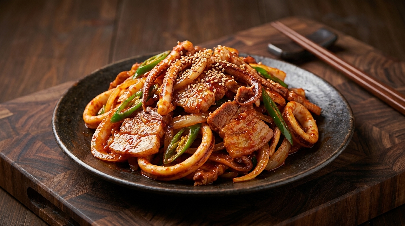 Ostre koreańskie kalmary z boczkiem stir-fry (Osam-Bulgogi)
