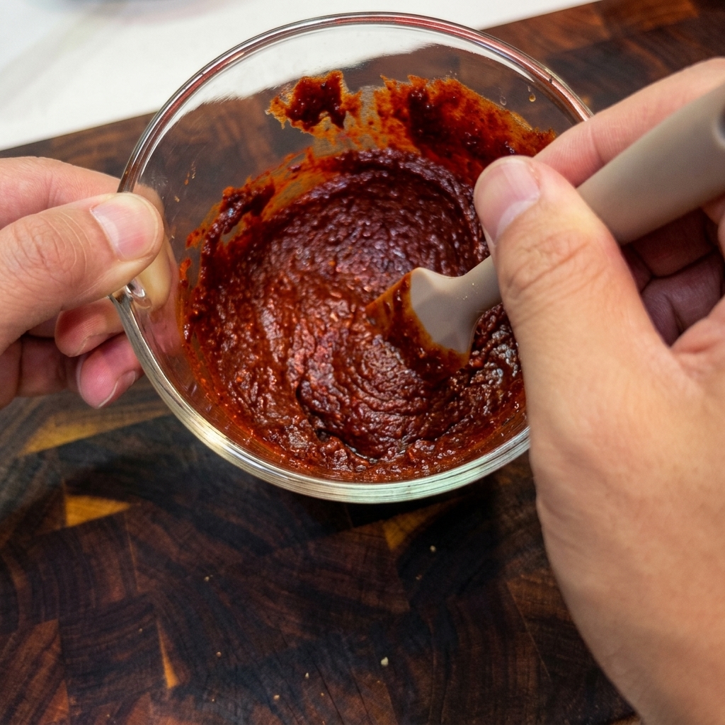 Dłonie mieszające szpatułką gęstą, krwistoczerwoną pastę sosu chili w szklanej misce.
